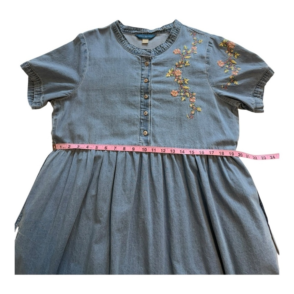 April Cornell Floral Embroidered Denim Midi Dress Cottagecore Light Wash Size L - Picture 12 of 14